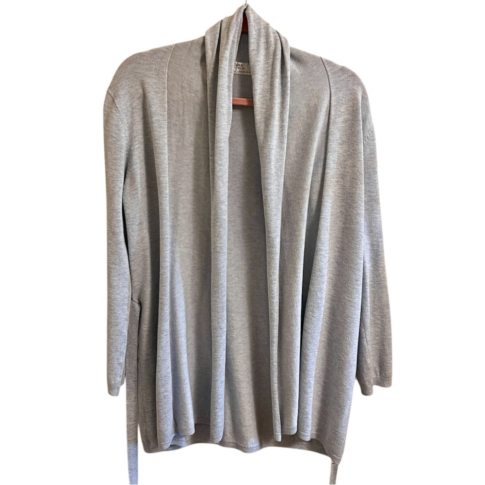 Zara Knitwear Heather Blue Gray Open Front Cardigan Loungewear Tie Back Medium